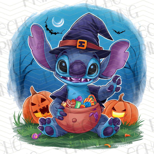HLW 162 - BLUE ALIEN WITCH WITH CANDY BASKET AND MOON
