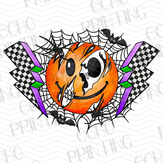 HLW 175 - EDGY PUMPKIN FACE WITH CHECKERED HALLOWEEN BOWS