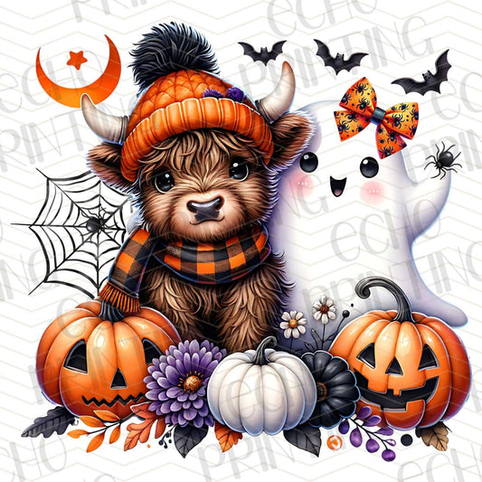 HLW 178 - AUTUMN BABY HIGHLAND COW WITH GHOST AND PUMPKINS
