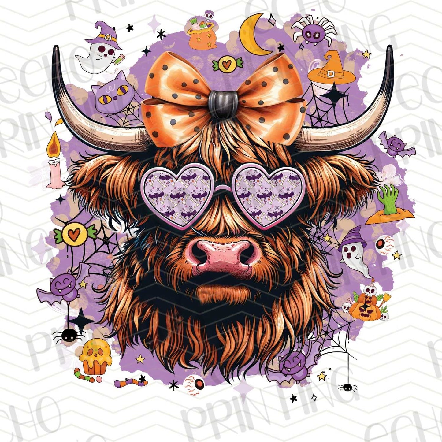 HLW 296 – HIGHLAND COW WITH HALLOWEEN GLASSES AND GHOSTS