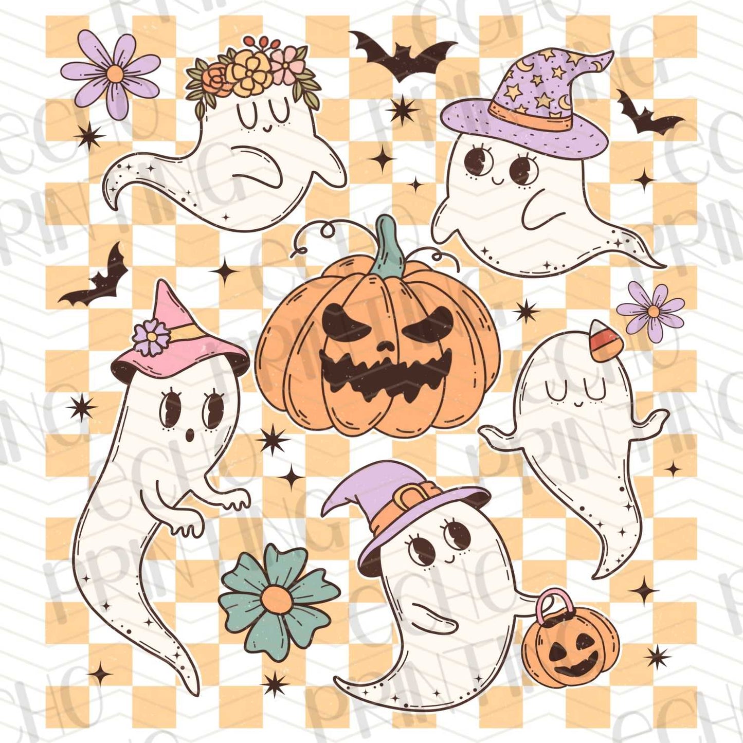 HLW 309 – GHOSTS ON CHECKERED ORANGE BACKGROUND WITH PUMPKINS AND HATS