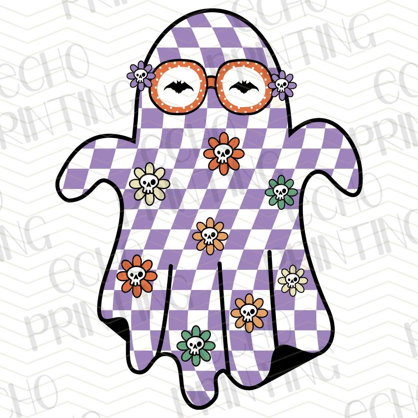 HLW 330 – PURPLE PATCHWORK GHOST WITH ORANGE GLASSES AND FLOWERS
