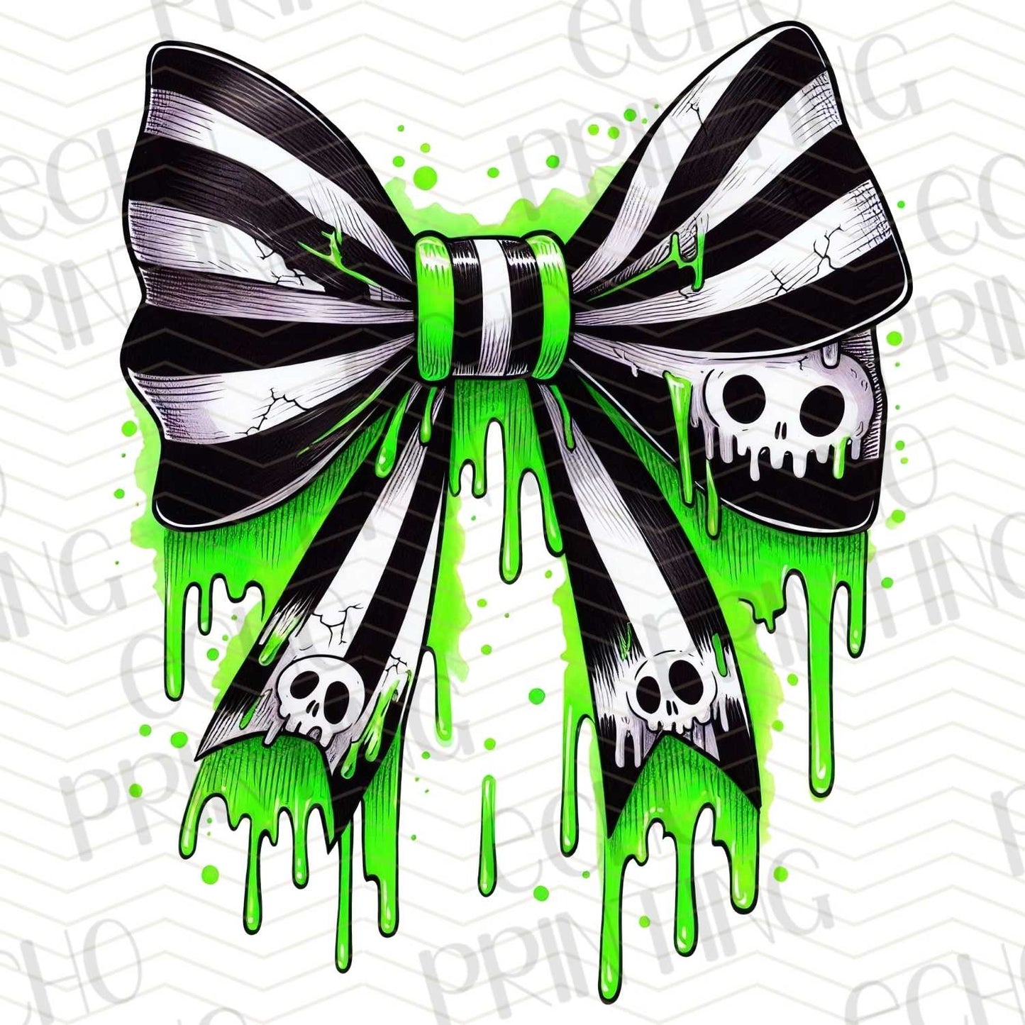 HLW 348 – GREEN AND BLACK STRIPED BOW WITH SKULLS AND GOO