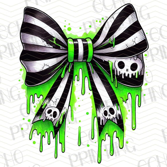 HLW 348 – GREEN AND BLACK STRIPED BOW WITH SKULLS AND GOO