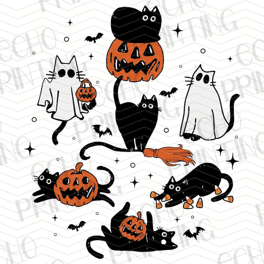 HLW 373 – CATS, PUMPKINS, AND GHOSTS FLOATING – BLACK, ORANGE AND WHITE
