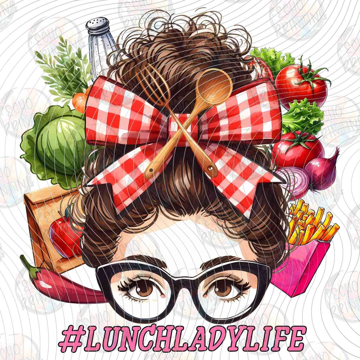 LNDG 17 - LUNCH LADY MESSY BUN WITH RED PLAID BOW