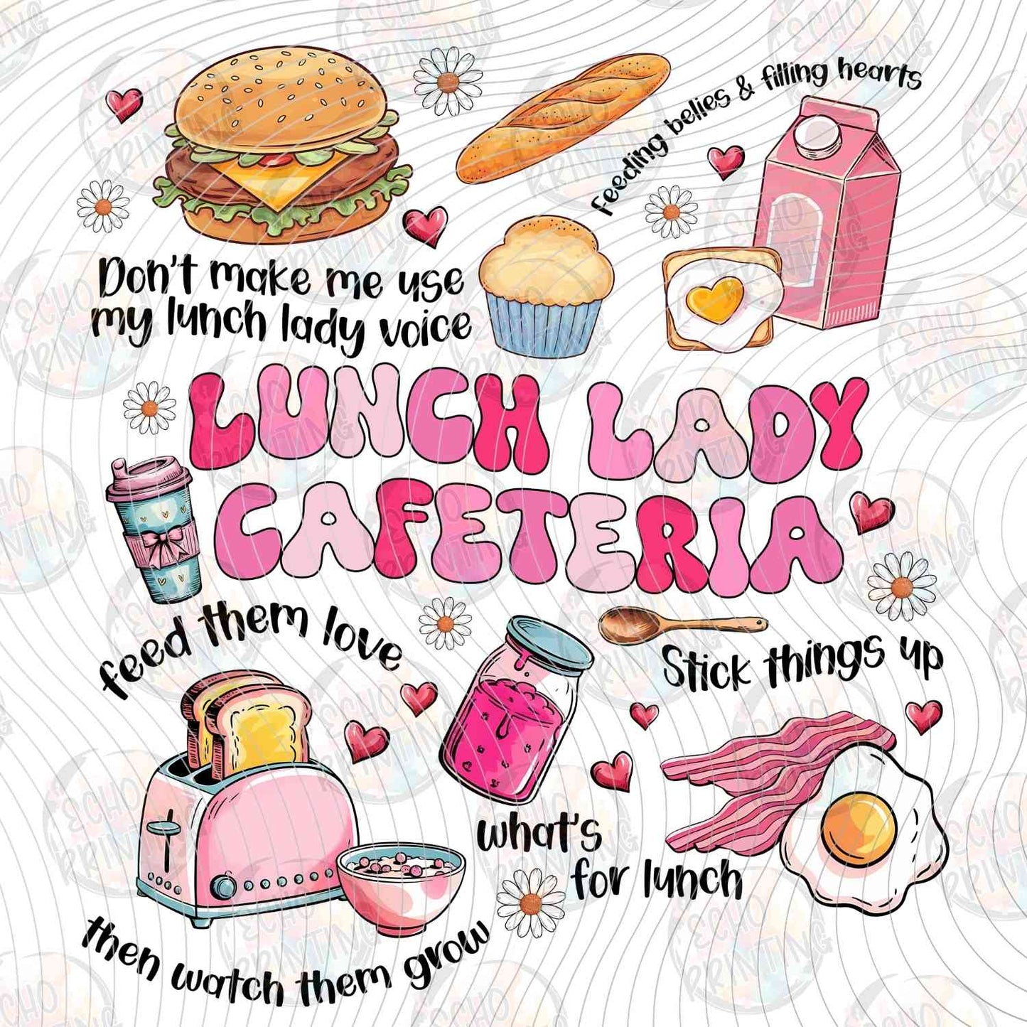 LNDG 46 - LUNCH LADY CAFETERIA PINK TEXT WITH FOOD