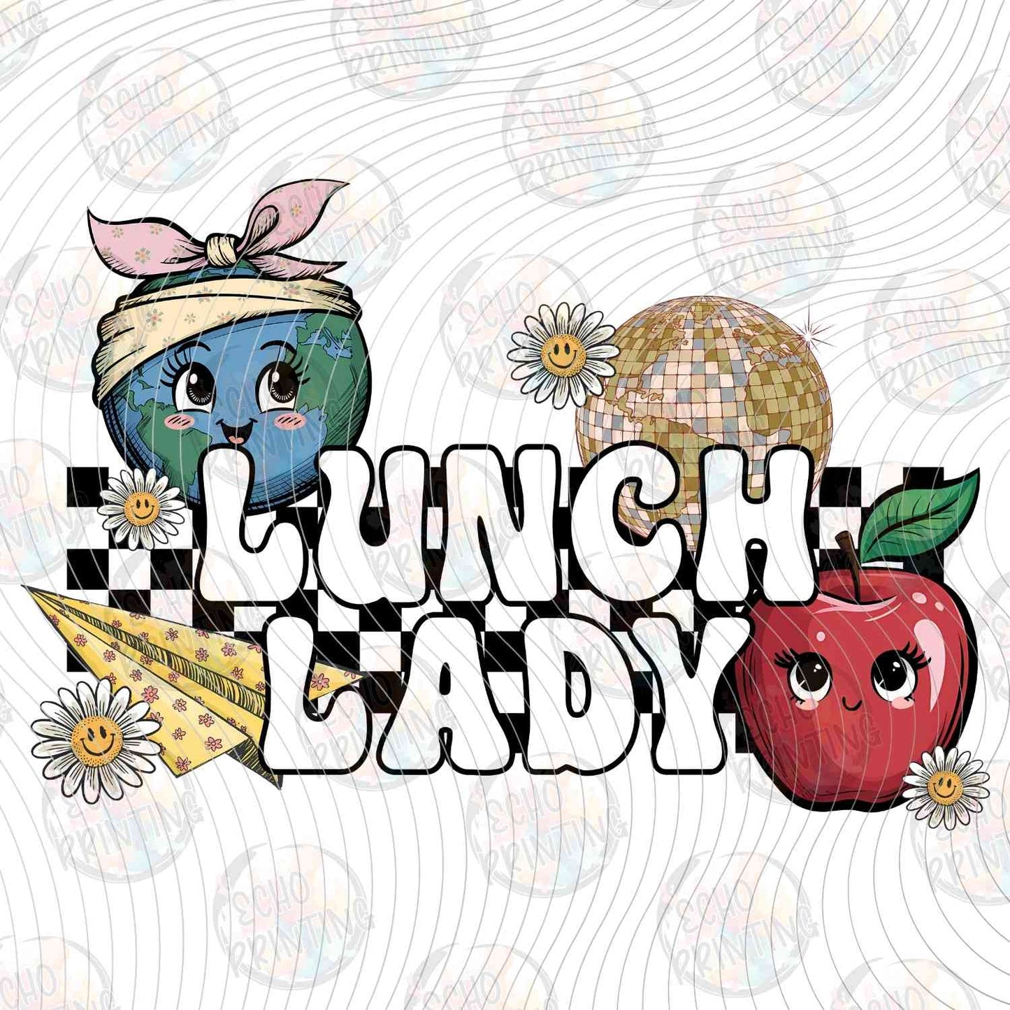 LNDG 53 - LUNCH LADY CHECKERBOARD LETTERS WITH APPLE