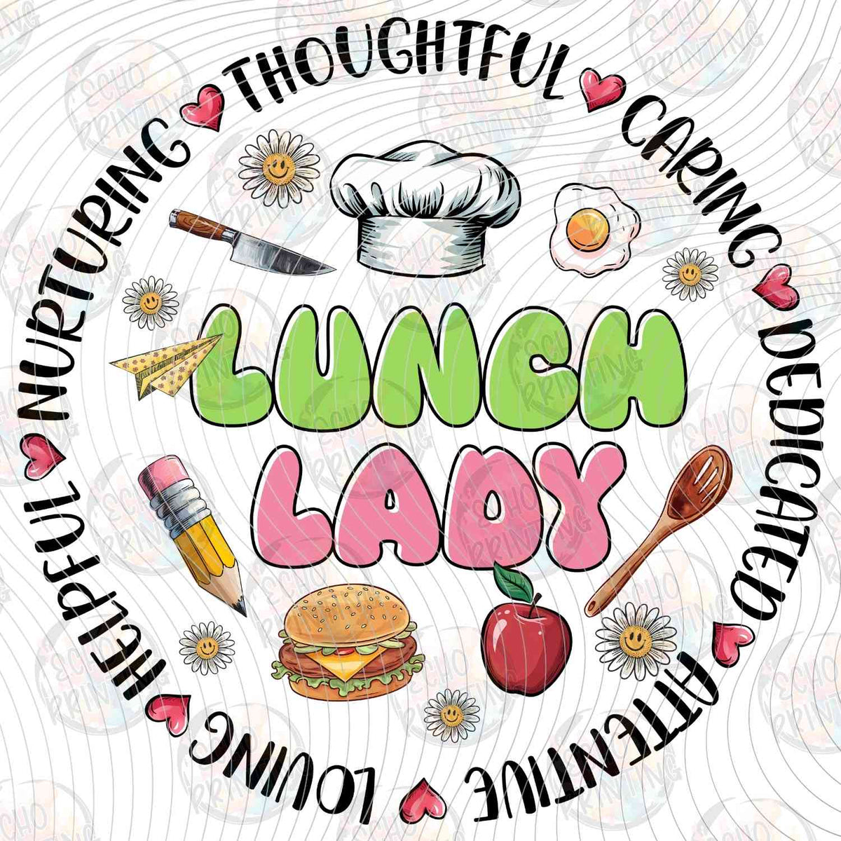 LNDG 59 - LUNCH LADY CIRCLE TEXT WITH FOOD
