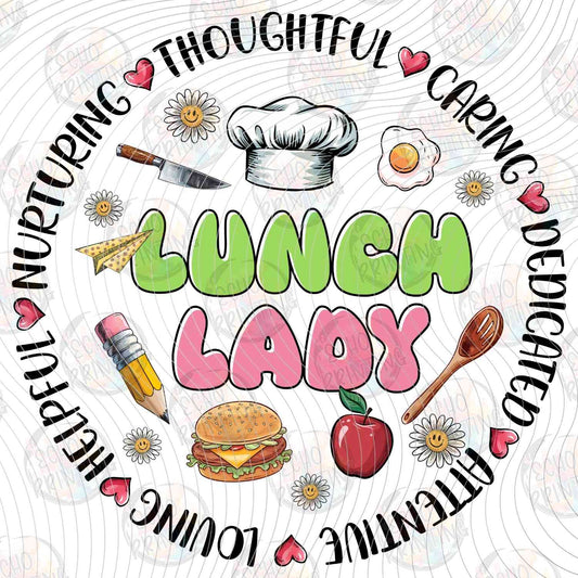 LNDG 59 - LUNCH LADY CIRCLE TEXT WITH FOOD