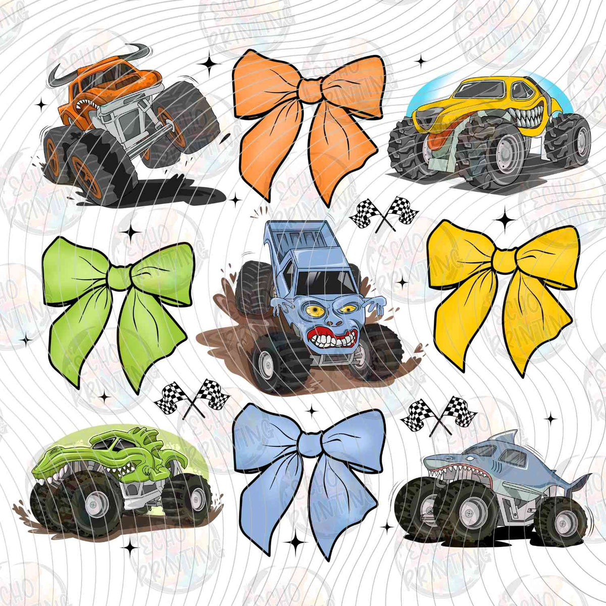 MRJ 34 - MONSTER TRUCKS WITH YELLOW AND BLUE BOWS