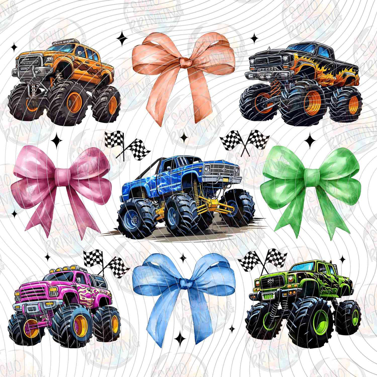 MRJ 35 - MONSTER TRUCKS WITH PINK AND BLUE BOWS