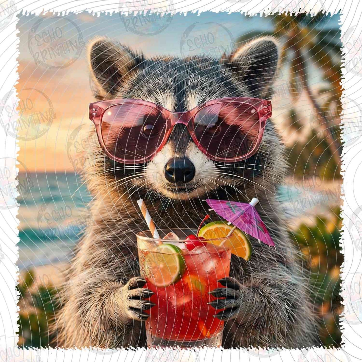 SMRG 876 - RACCOON WITH SUNGLASSES AND DRINK ON BEACH