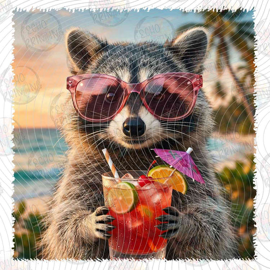 SMRG 876 - RACCOON WITH SUNGLASSES AND DRINK ON BEACH