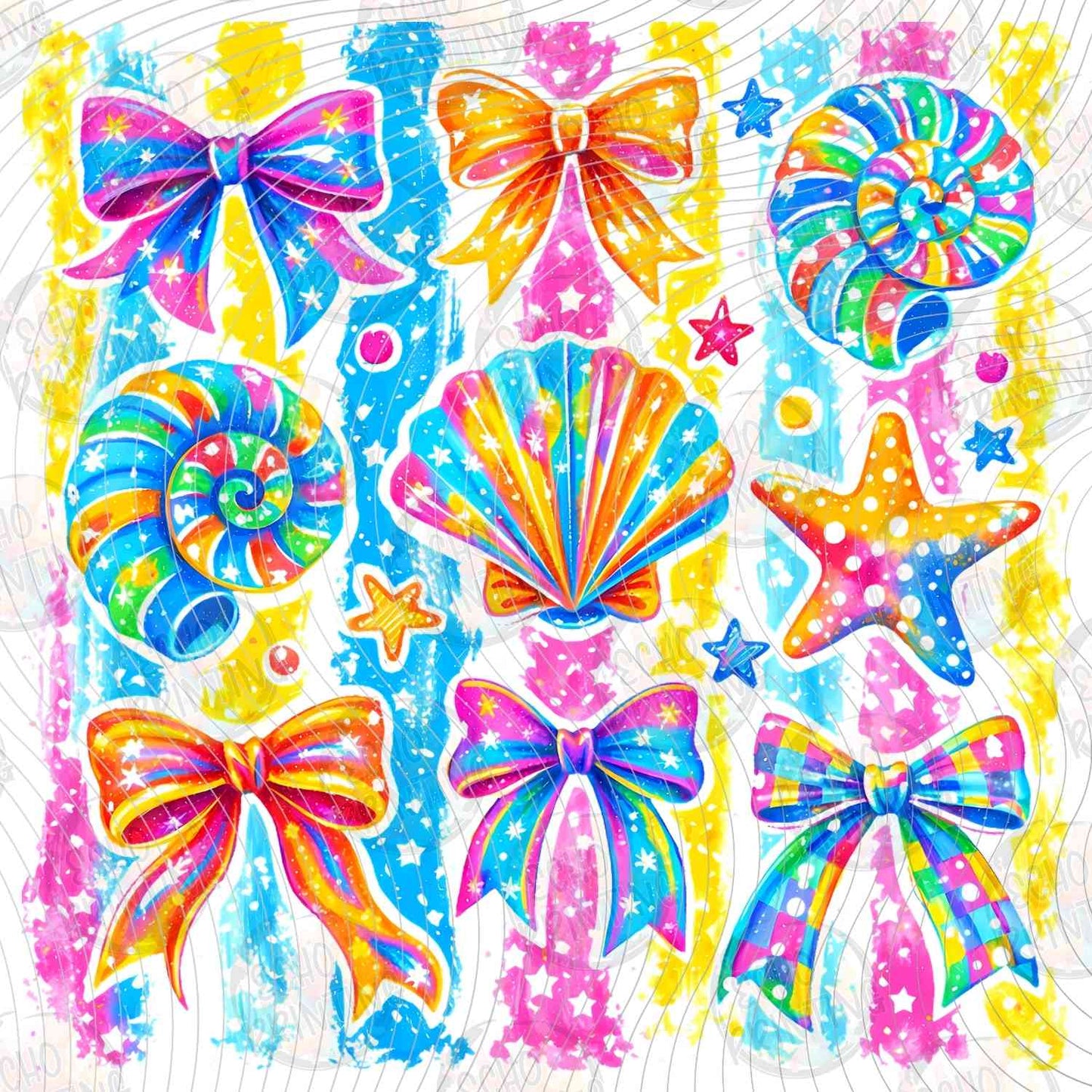 SMRG 899 - TROPICAL SEASHELLS STARFISH AND BOWS PINK STRIPES