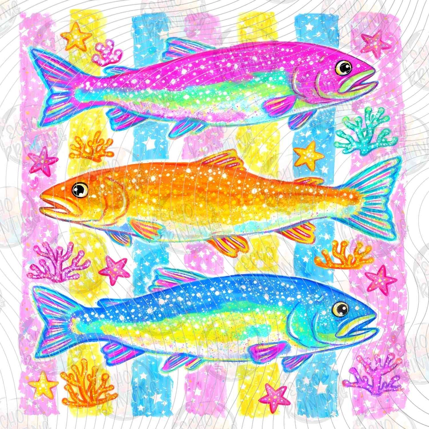 SMRG 906 - COLORFUL TROPICAL FISH ON PINK STRIPES