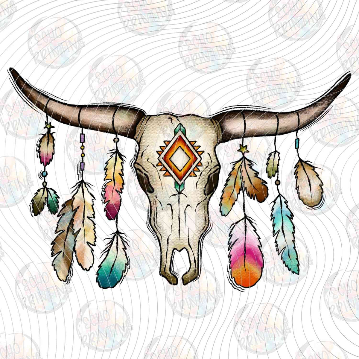 WSTNG 230 - BULL SKULL WITH FEATHERS AND TURQUOISE