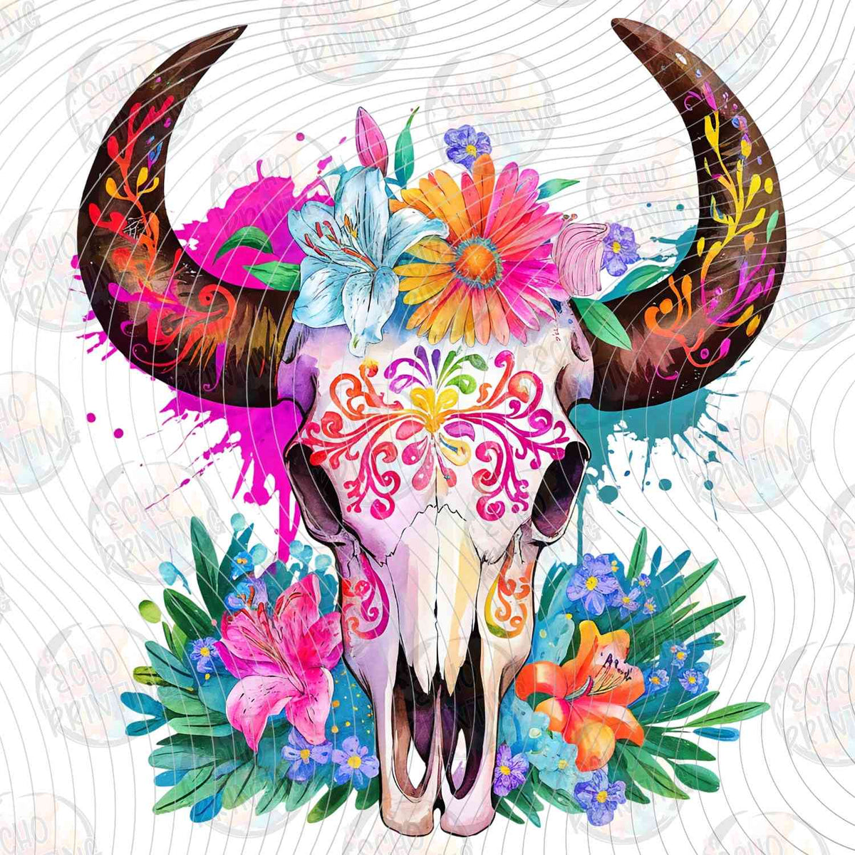 WSTNG 241 - COLORFUL FLORAL BULL SKULL